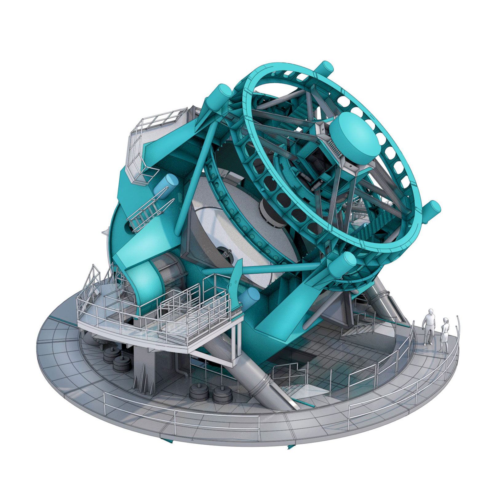 Illustration of the Rubin telescope, a large telescope on a circular platform.