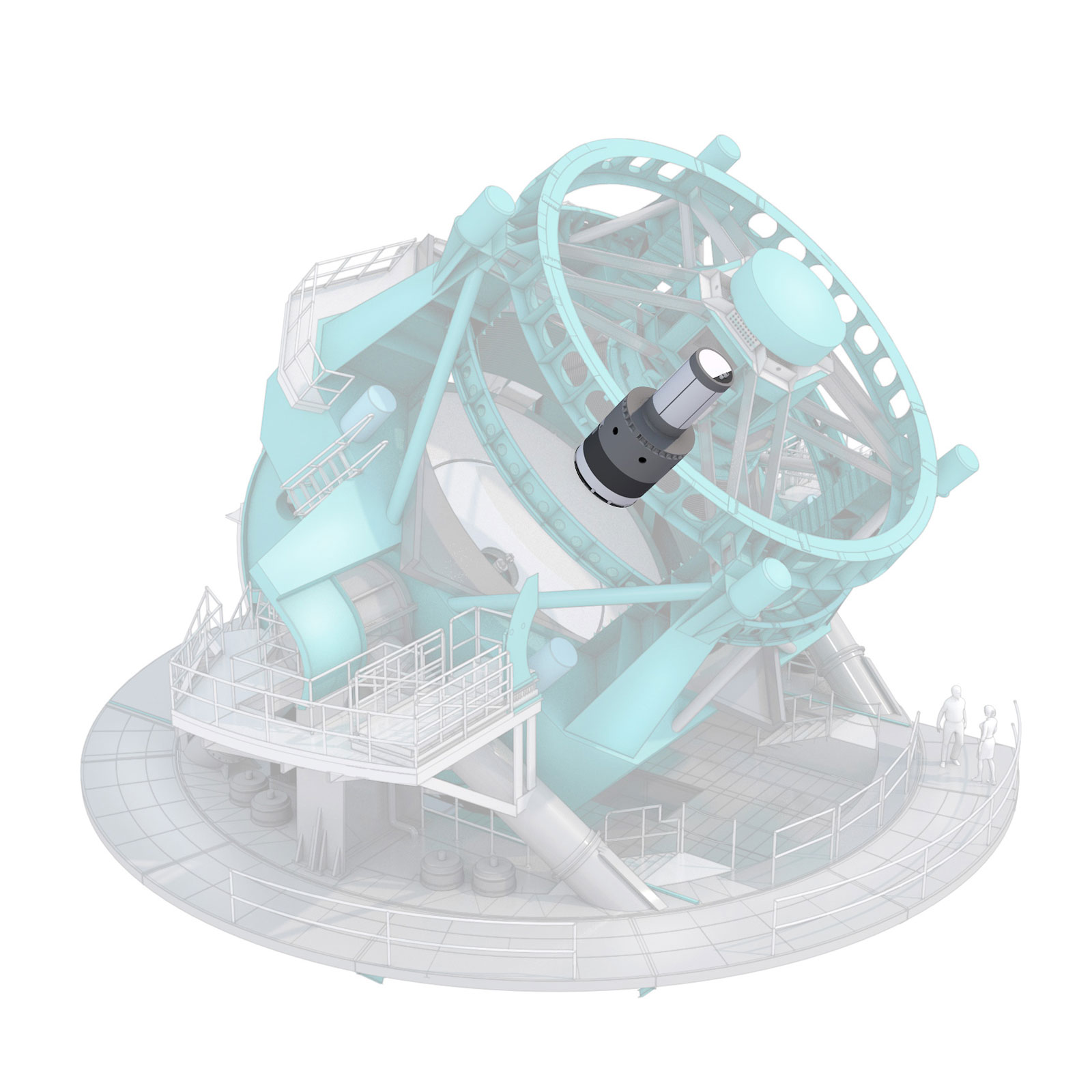 Telescope illustration with a highlight on the cylindrical camera held in place above the primary mirror.