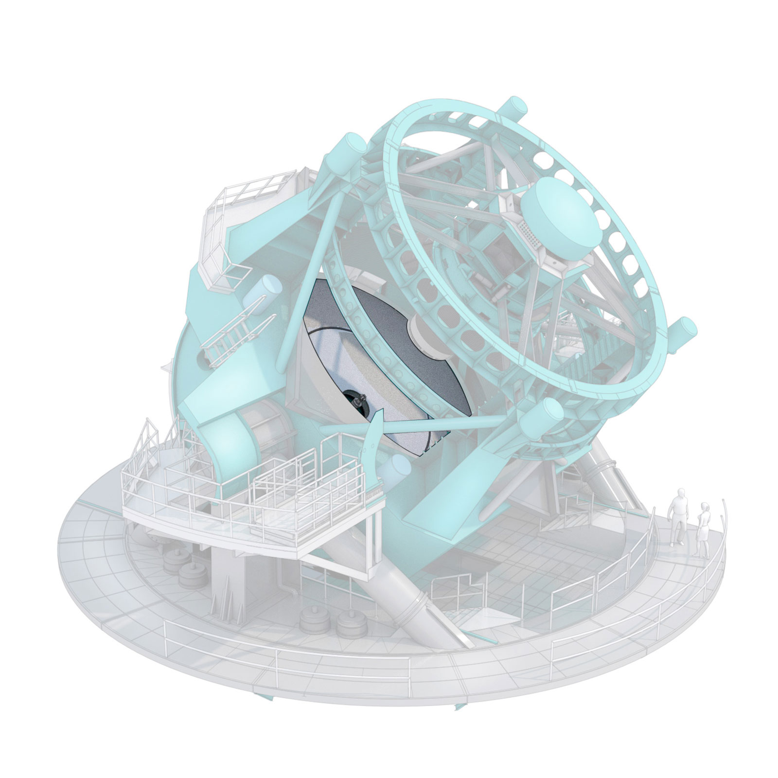 Telescope illustration with a highlight on the large circular mirror at its center.